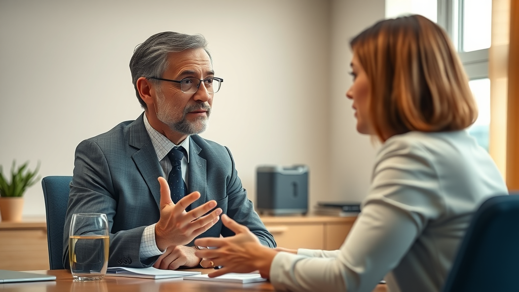 professional network marketer consultant handling objections in marketing recruitment, empathetic conversation, warmly lit office setting