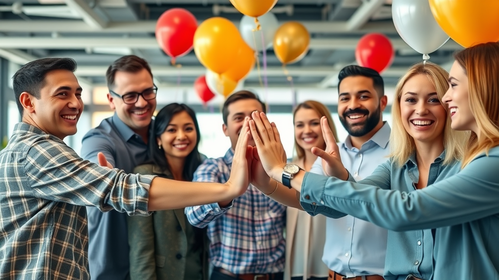friendly network marketing team celebrating achievement, team building trust