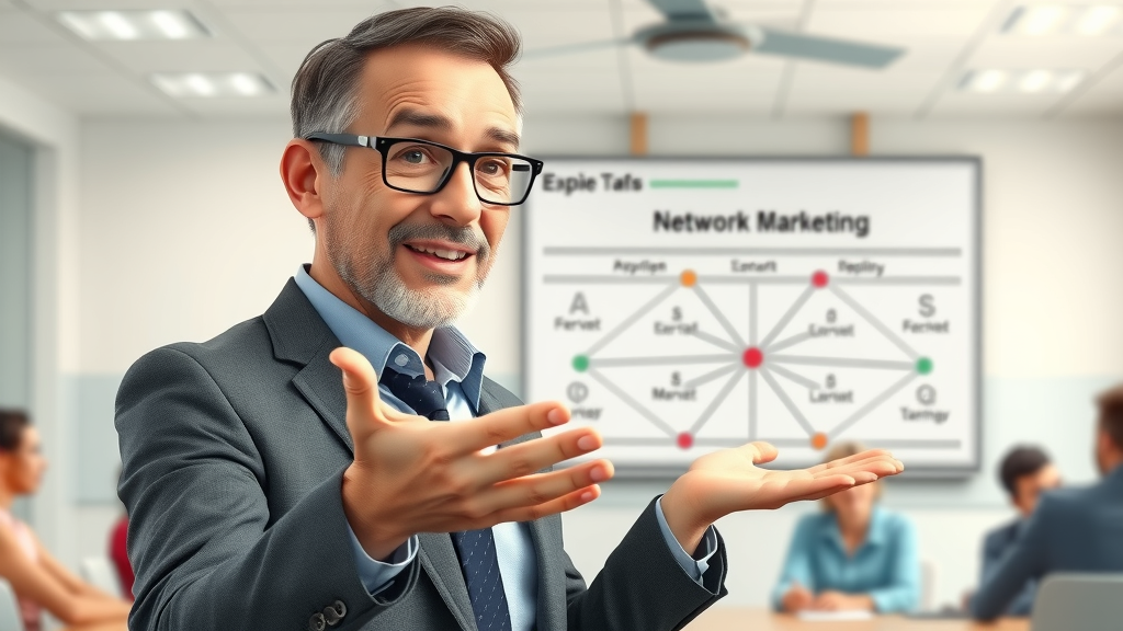 network marketing objection - Mature entrepreneur explaining a network marketing chart with engaging gestures