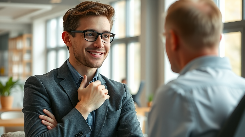 overcoming objections in network marketing - Active listening with a friendly smile in a modern office setting