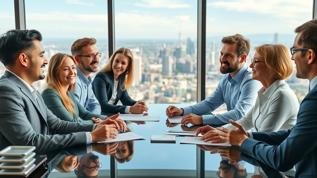 dynamic business meeting between company executives and distribution partners best practices for recruiting distributors, collaborative strategy discussion, city skyline