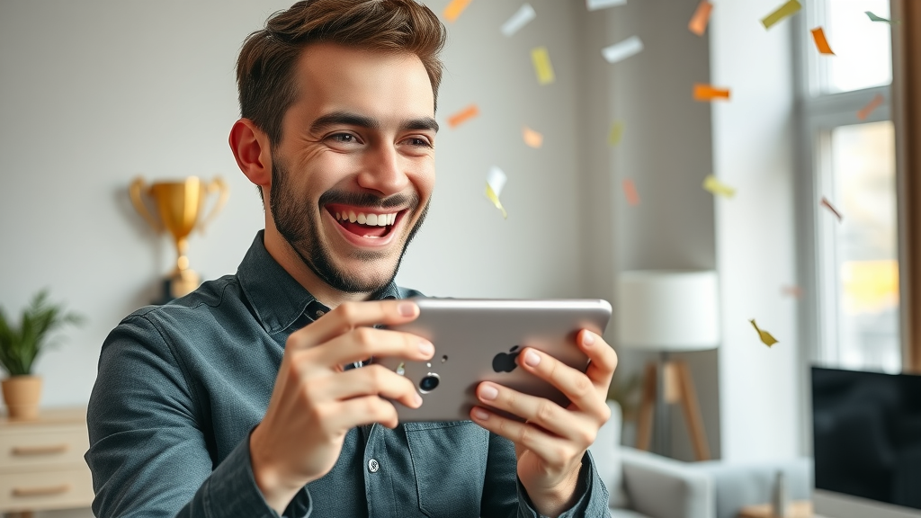 young entrepreneur celebrating network marketing success, smartphone, success trophy, confetti in air, modern apartment