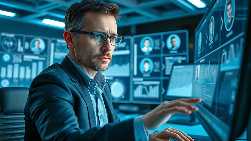 focused business analyst using software for partner profiling, data-driven recruitment for distributors