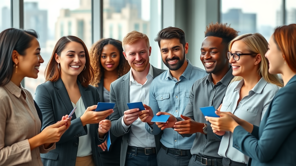 Dynamic group of diverse network marketing professionals networking and exchanging business cards in a modern office, network marketing lead generation