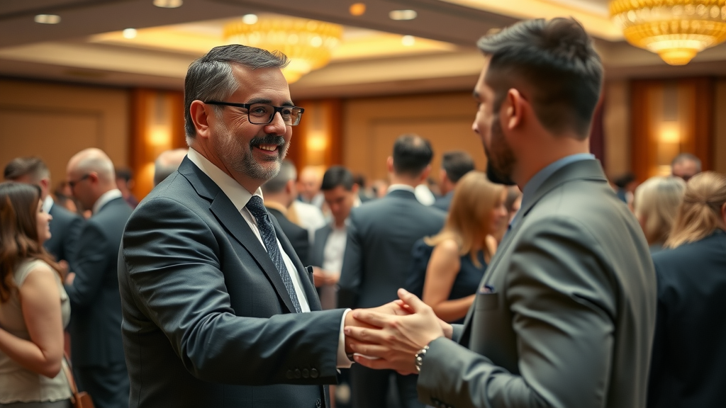 Business owner networking at a professional event to find prospects in network marketing