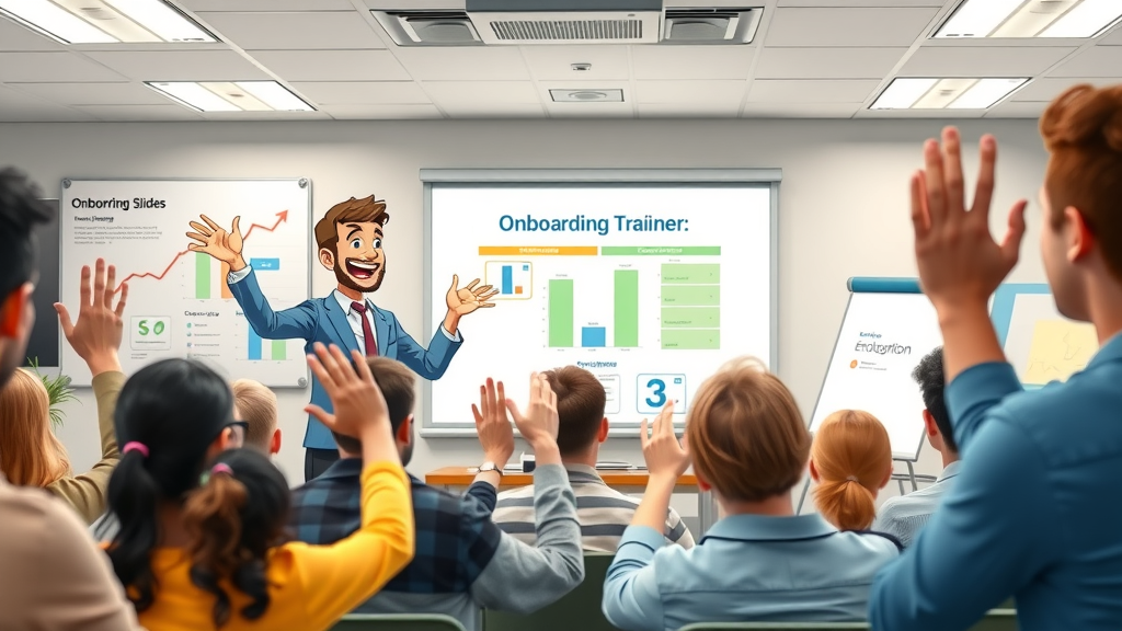 enthusiastic network marketing business trainer onboarding new recruits, classroom with whiteboard and charts, hands raised