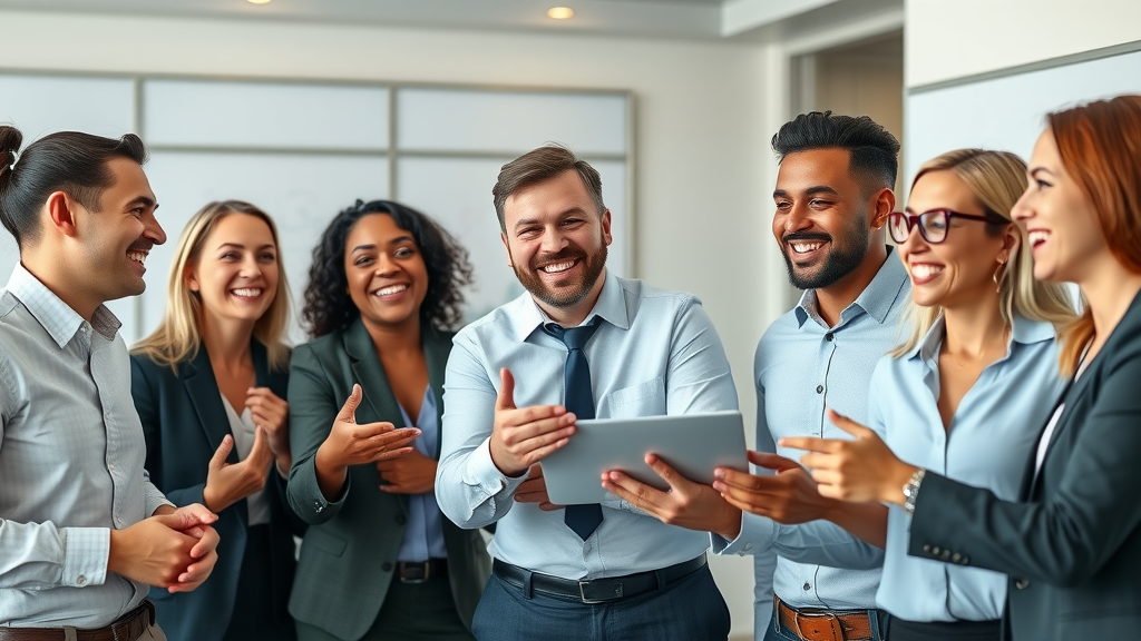 dynamic business team collaborating for network marketing success, confident professionals, modern office with digital displays, diverse group, soft daylight