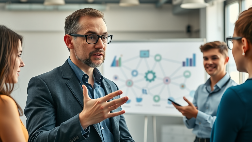 handling objections in network marketing - Confident business leader engaging a group in discussion, demonstrating objection handling techniques