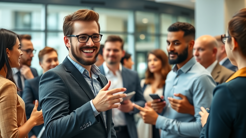 Energetic network marketer networking at a business event for how to find prospects in network marketing