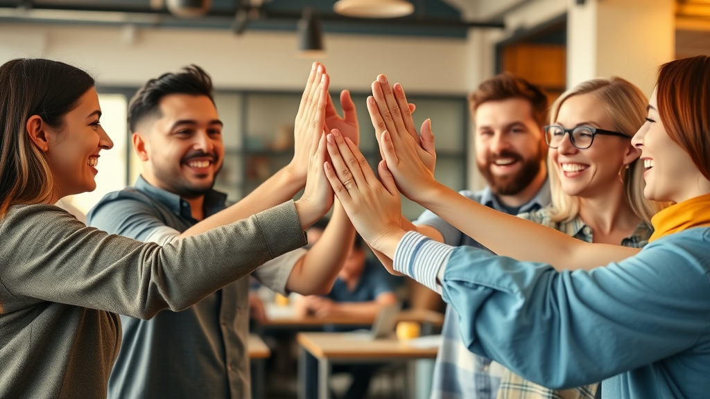 Team of network marketers celebrating a successful referral connection for mlm lead generation