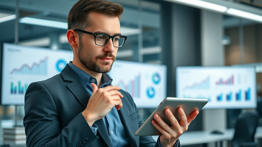 confident professional reviewing recruitment analytics, best practices for recruiting distributors, digital dashboard, recruitment ROI