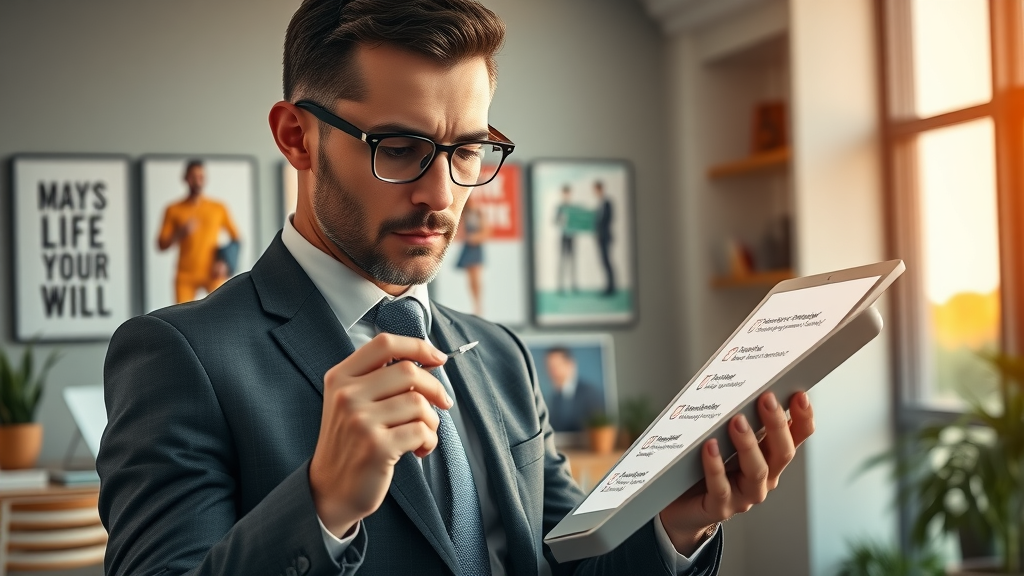 business professional referencing digital checklist steps best practices for recruiting distributors, motivated expression