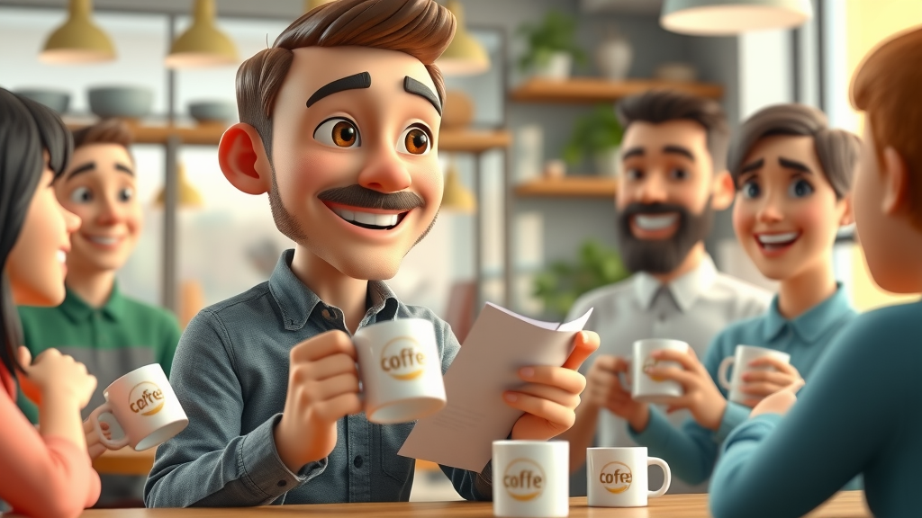 motivated network marketing entrepreneur sharing story with team, coffee shop, branded mugs, animated expression
