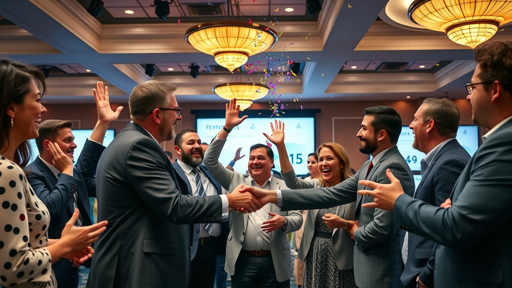 Network marketers celebrating successful campaign results for network marketing lead generation