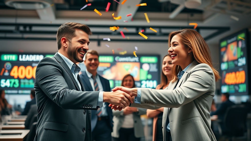 business leaders celebrating successful partner recruitment, best practices for recruiting distributors, digital leaderboards