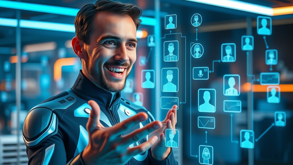 Futuristic AI digital assistant generating leads for a network marketer—AI in network marketing lead generation