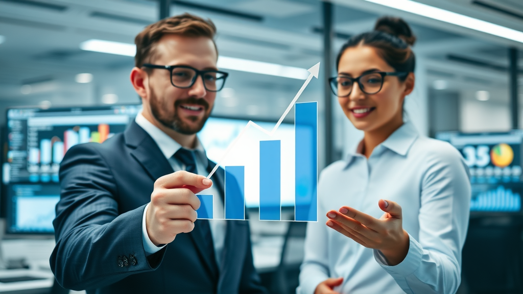 talk fusion email marketing open rates chart with engaged business professionals and dynamic upward arrows
