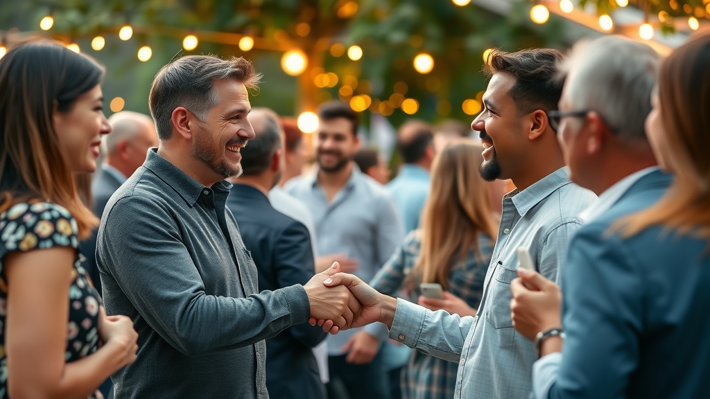 network marketers having a genuine, friendly face-to-face conversation at networking event