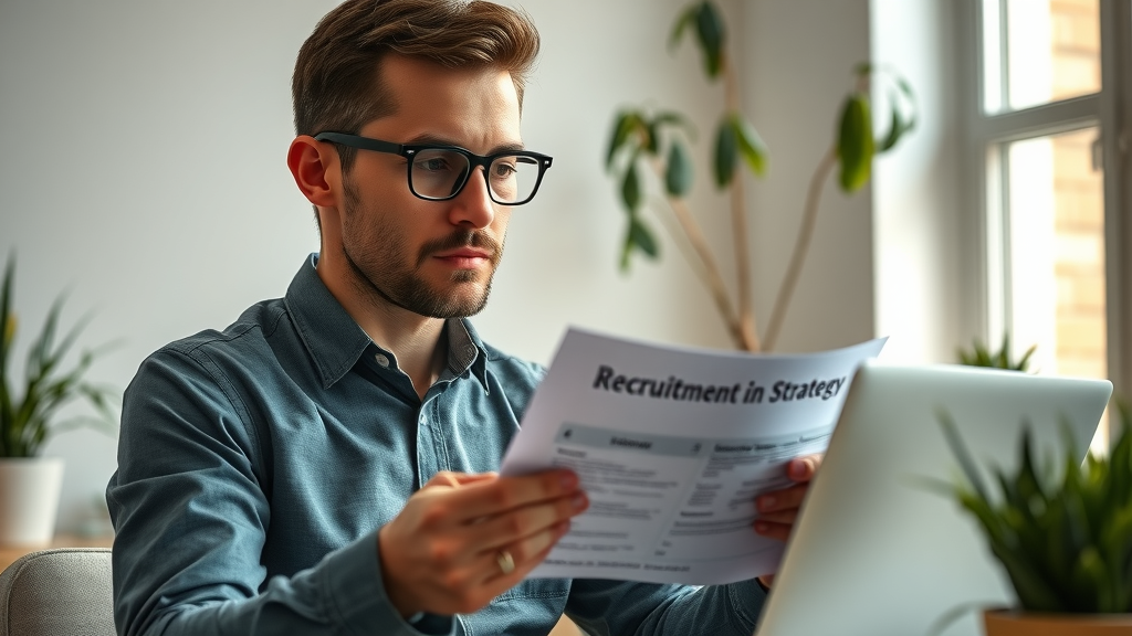 motivated network marketer reviewing recruitment strategy for marketing business growth, focused expression, home office with laptop, soft daylight