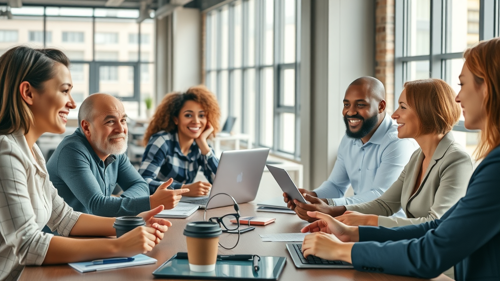 inspiring group of diverse business professionals engaged in building a network marketing team, focused collaborative expressions, modern open office setting