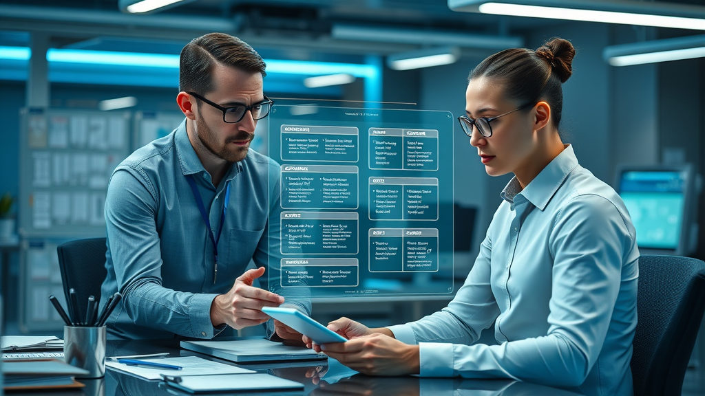 organized workspace, team leader reviewing onboarding workflows with new network marketing team recruit, digital step-by-step guide