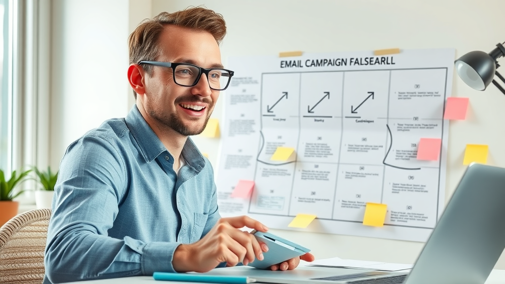 Organized marketer creating a color-coded email campaign flowchart, planning mlm lead generation series