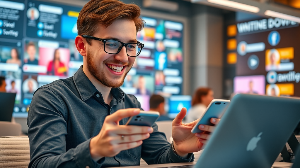 Modern social media marketer engaging on social media platforms for network marketing prospecting