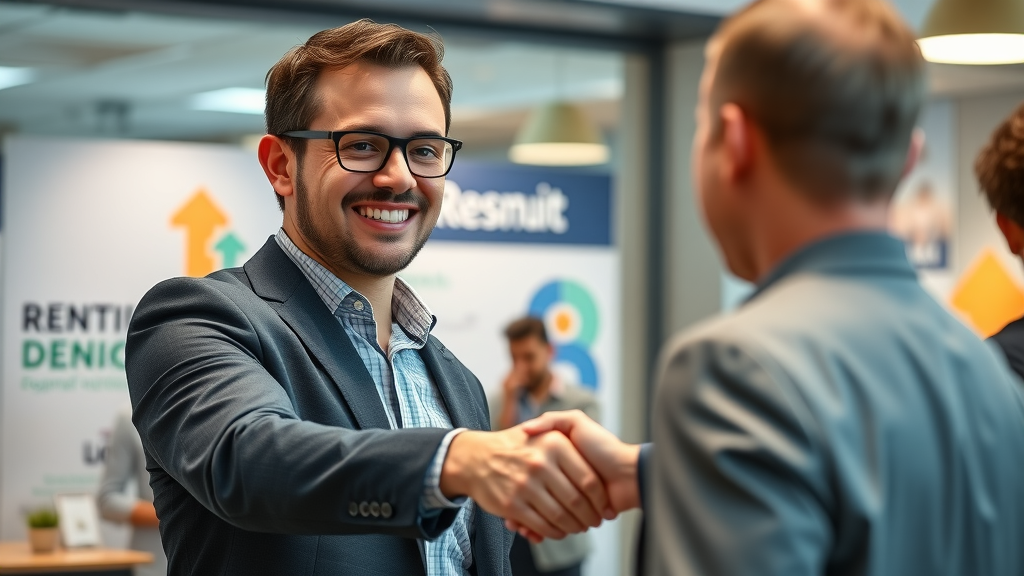motivated potential recruit shaking hands with a team leader in network marketing, professional indoor setting