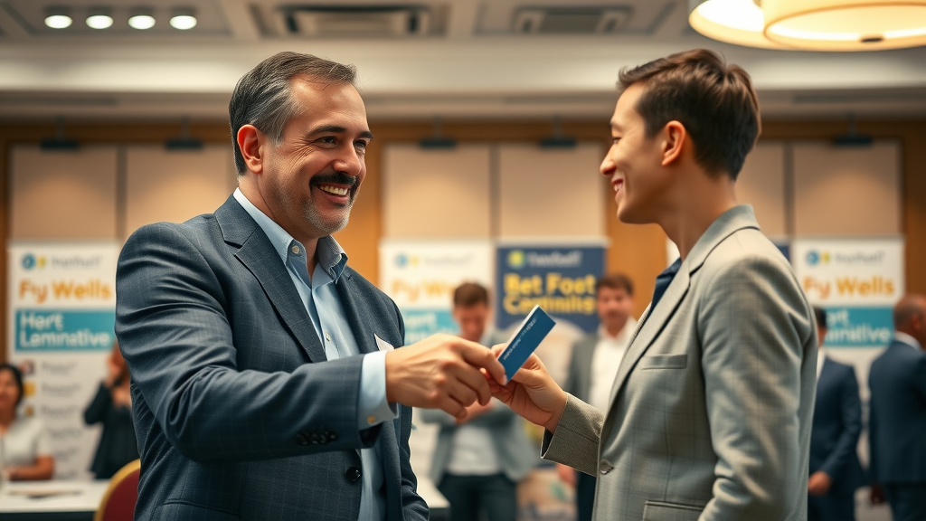 person networking for network marketing recruitment, approachable handshake, exchanging business cards in conference room