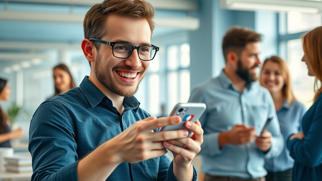energetic marketer connecting with young professionals using social media to build a marketing team, coworking space, network marketing