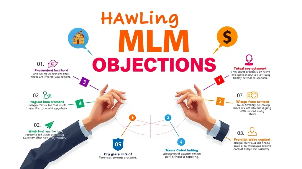 handling objections in MLM - Infographic visual showing strategies for addressing MLM objections with color-coded steps