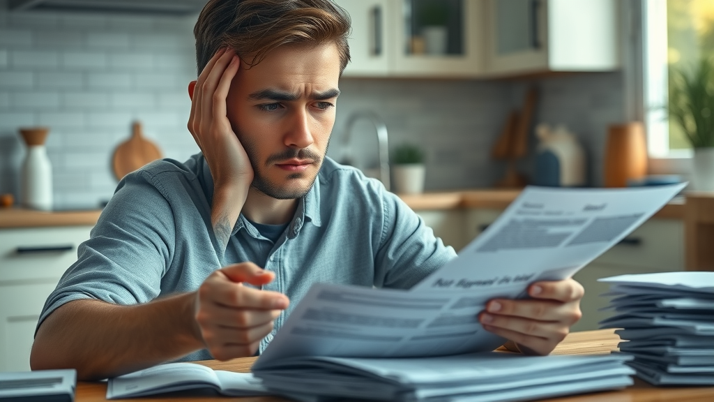 objections in network marketing - Worried young adult calculating expenses, reflecting on financial concerns in network marketing