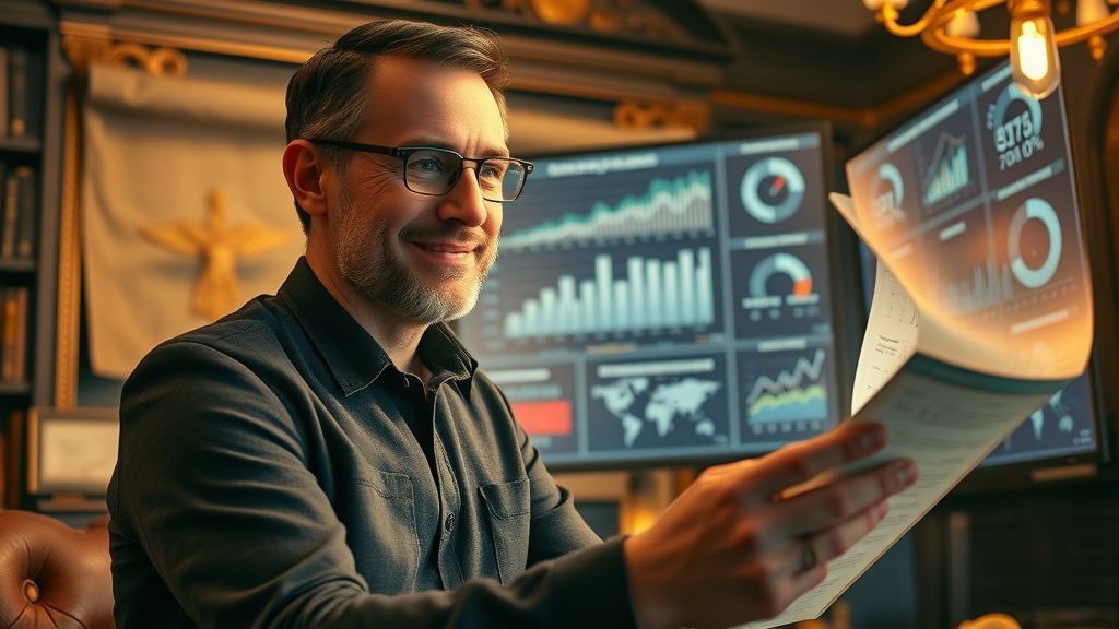analytical network marketer reviewing recruitment analytics, dashboard with floating data graphics, grand study room, warm golden hues
