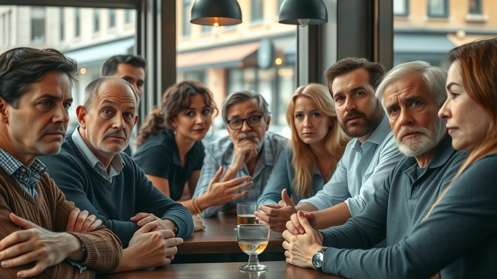 objections in network marketing - Skeptical and curious expressions as a group listens to a network marketer explain