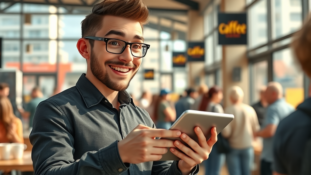 confident network marketer using a tablet to interact with prospects, coffee shop scene