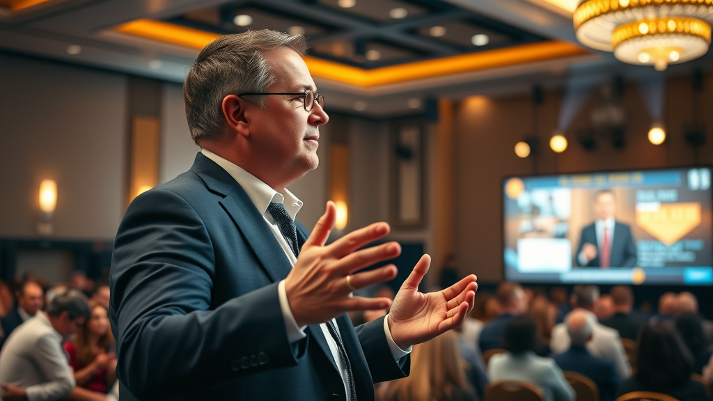 charismatic network marketer presenting, mastering persuasion in effective communication in network marketing