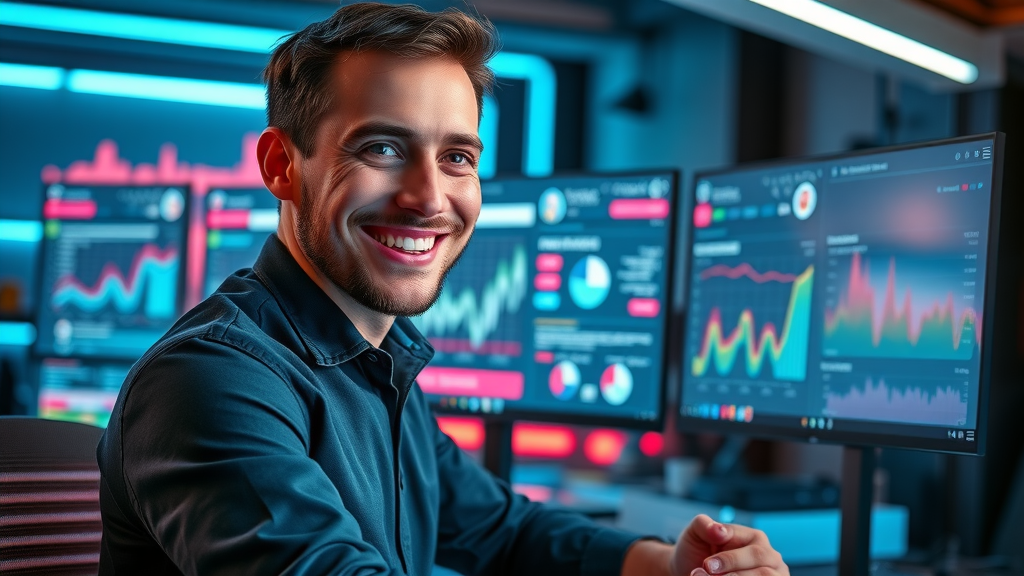 tech-savvy network marketer using social media dashboard for recruiting, dual monitors, workspace with neon accents, cool lighting