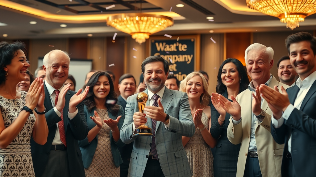 joyful network marketing team at award ceremony, presenting team member with recognition, company event