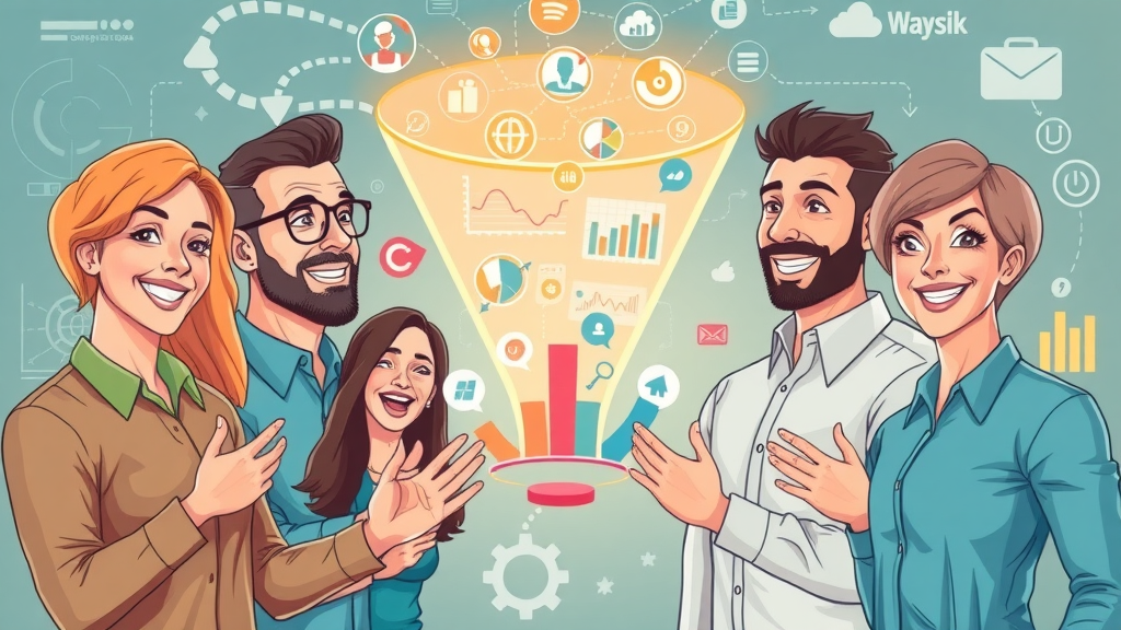 Funnel channeling ideal leads into a network marketing organization with infographic-style visuals, analytic faces, mlm lead generation